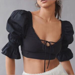 Urban Outfitters Rozie Black Cropped Peasant Top Ruched Back Sleeves NWT Size S